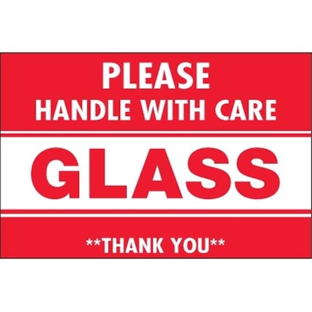 Box Partners Tape Logic DL2164 2 x 3 in. - Glass - Handle with Care Labels; Red & White - Roll of 500 DL2164